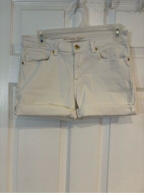 Michael Kors White Denim Shorts with Gold Logo Plaque